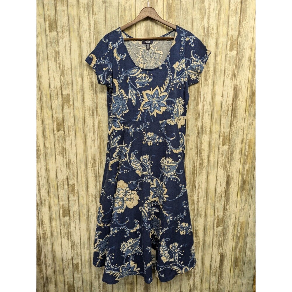 Chaps Floral Midi Dress 100% Cotton Navy Blue White Short Sleeve Scoop Neck 1X